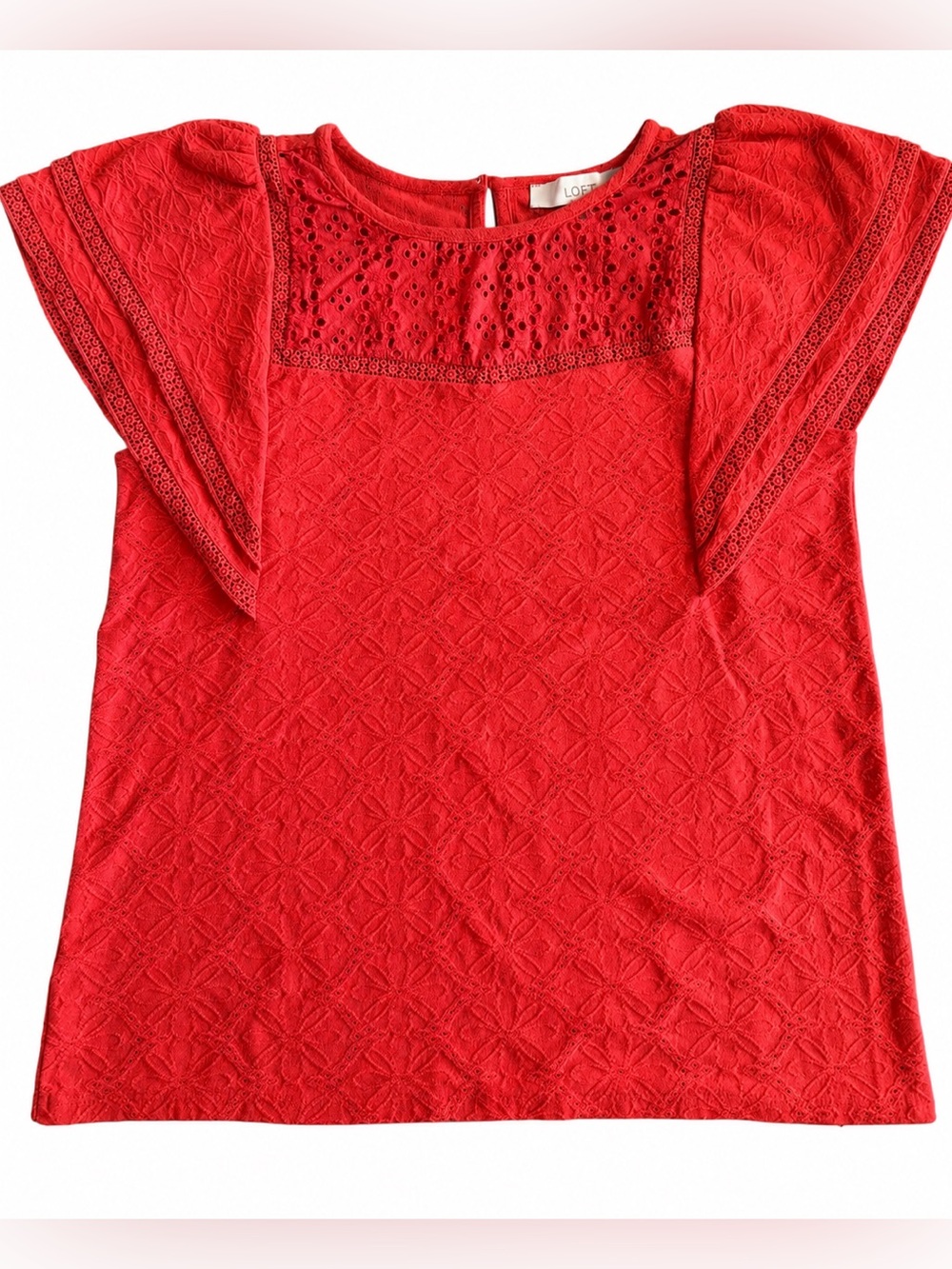 LOFT Eyelet Detail Lace Trim Flutter Sleeve Cotton Blouse, Like New. Medium.